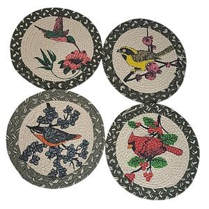 Lot Of 4 Woven Bird Flower Trivets Pot Holders Hummingbird Robin 9" Boho Country